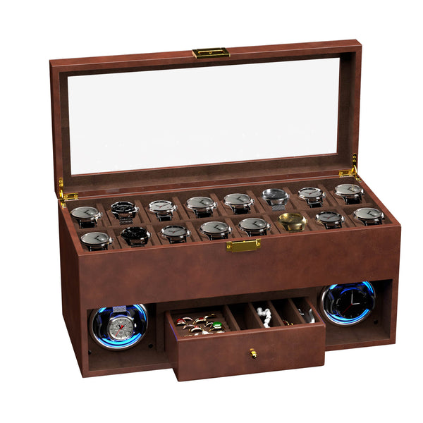 2 Watch Winder for Automatic Watches with 16 Extra Organizer Box LED Light Quiet Motors - Brown