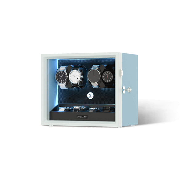 4 Watch Winders for Automatic Watches with 4 Extra Storage Aurora Blue LED Light - Silken Blue