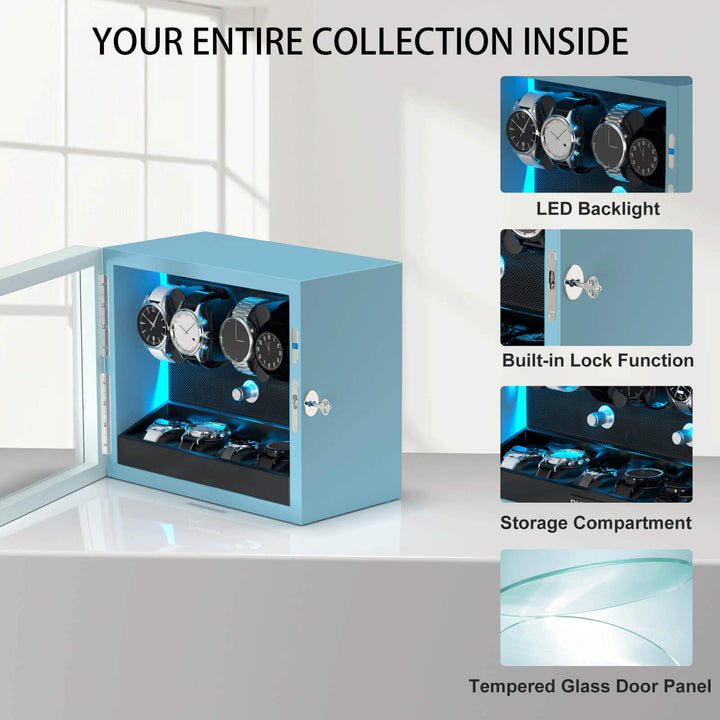 Remontoirs de montres de grande capacité avec espace de rangement supplémentaire, lumière LED bleue Aurora