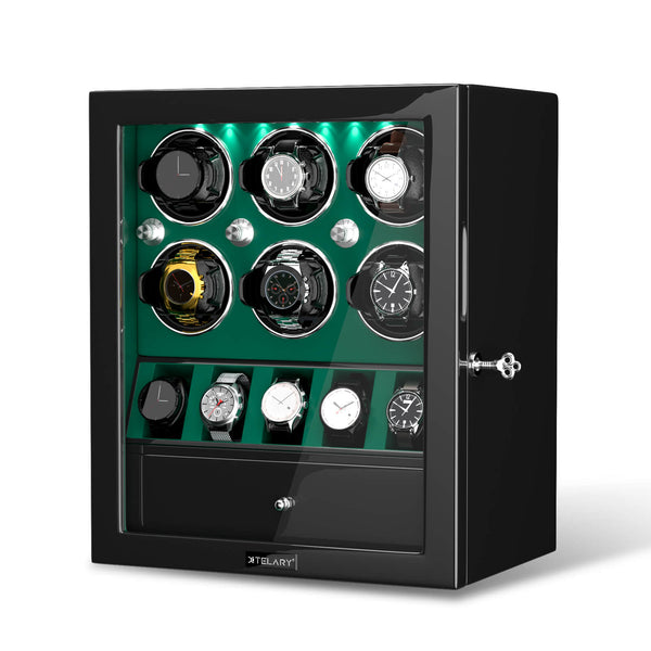 Remontoir de montres compact pour 6 montres avec espace de rangement supplémentaire pour 5 montres Moteur Mabuchi - Vert