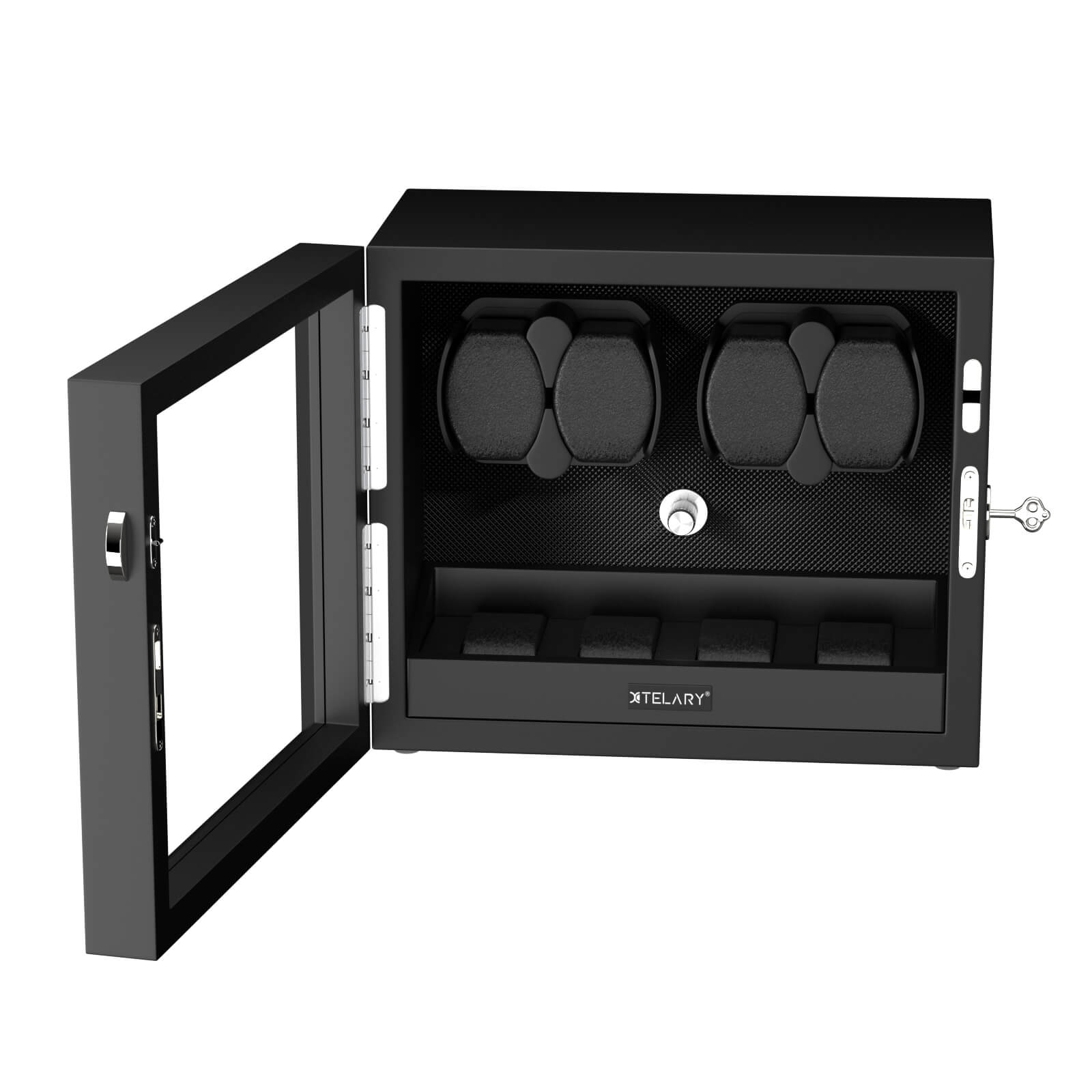 4 Uhrenbeweger für Automatikuhren mit 4 zusätzlichen Stauräumen, Aurora blaues LED-Licht – Schwarz