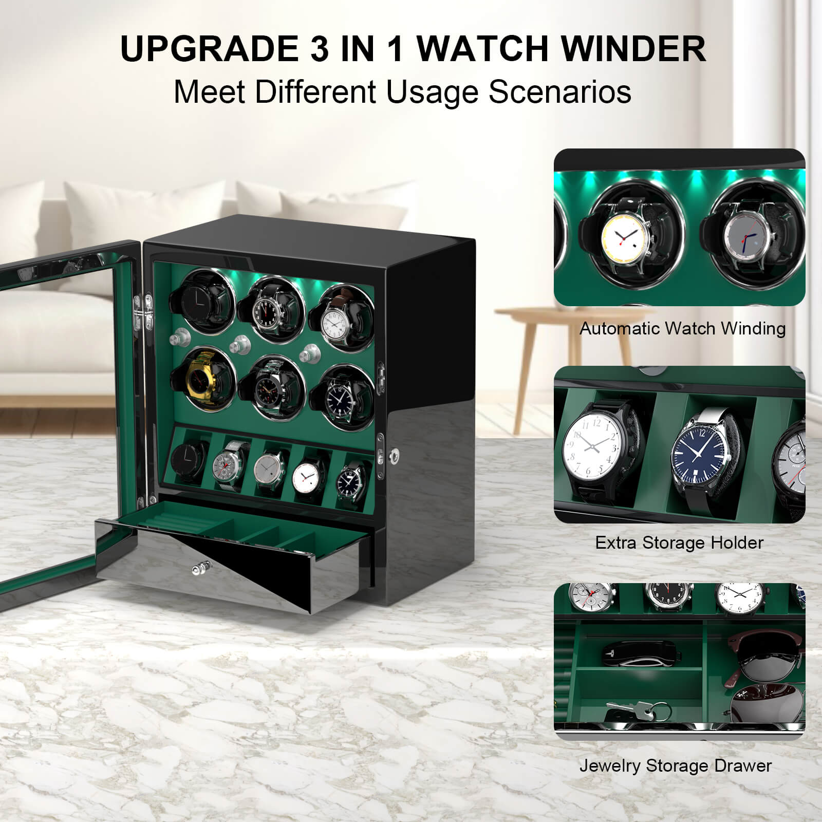 Compact 6 Watch Winders with 5 Extra Watches Storage Space Mabuchi Motor- Green