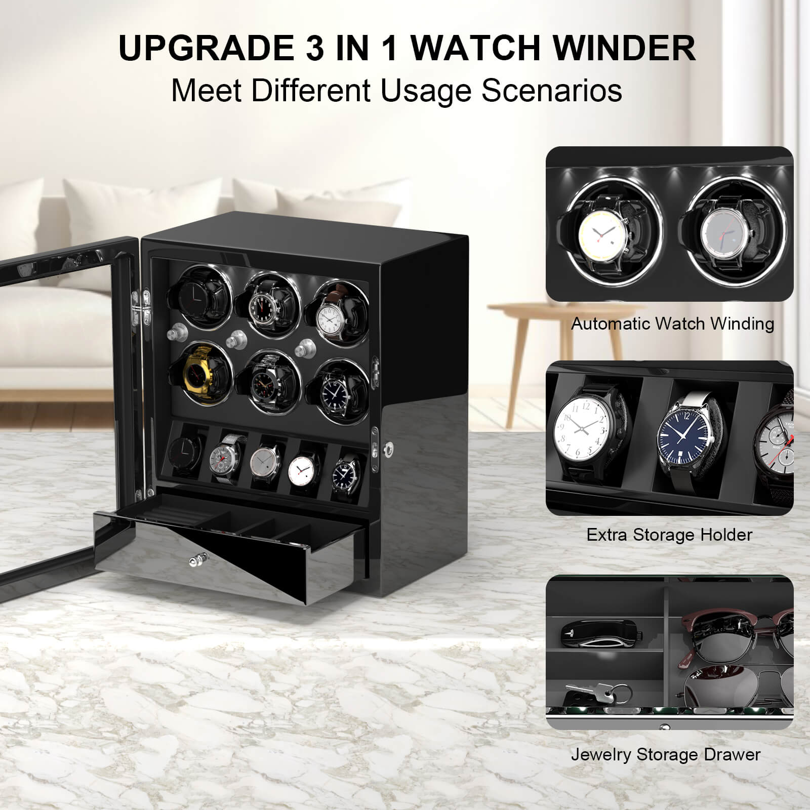 Compact 6 Watch Winders with 5 Watches Organizer Storage Space Quiet Mabuchi Motor - Black