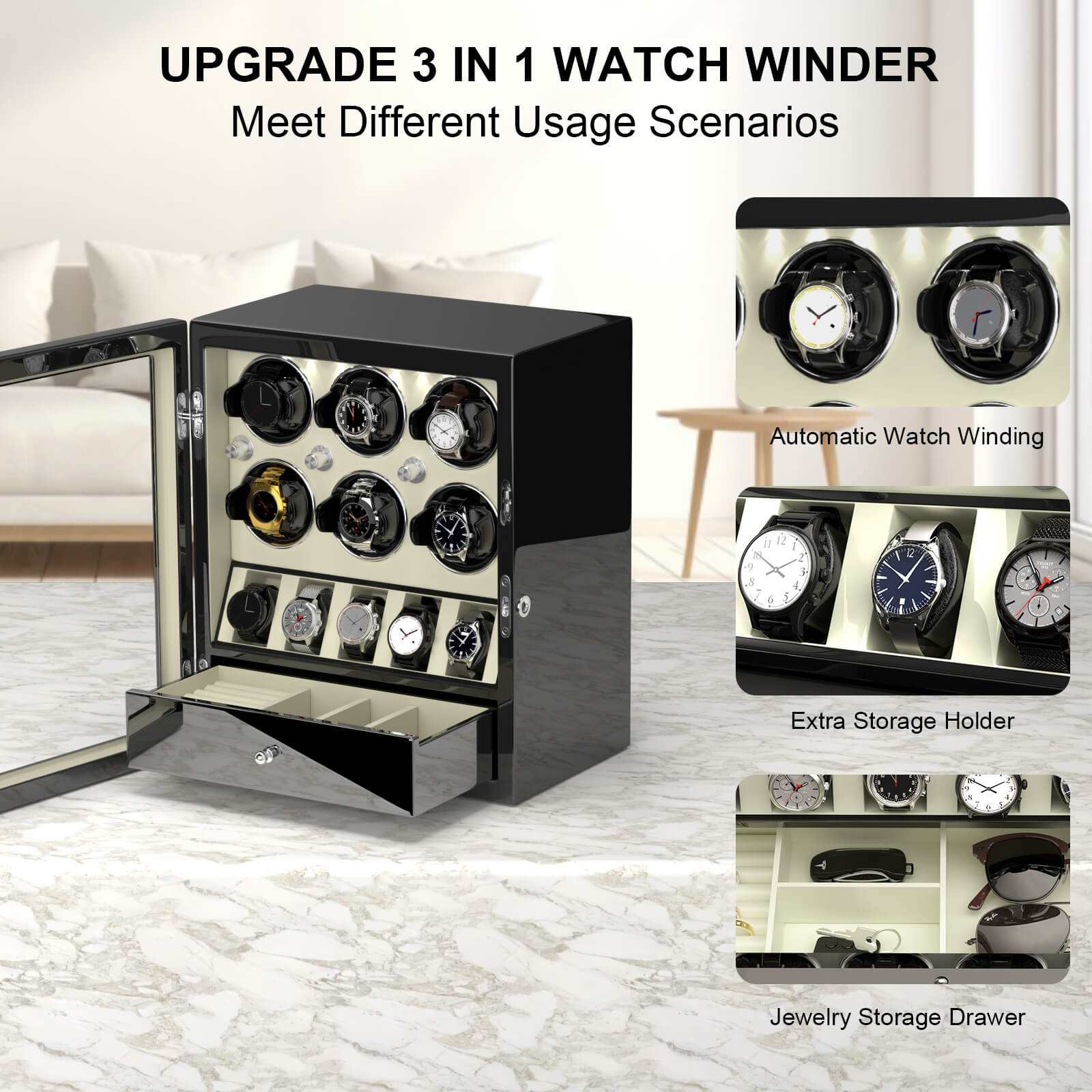 Compact 6 Watch Winders with 5 Extra Watches Storage Space Case Quiet Motor- Off White