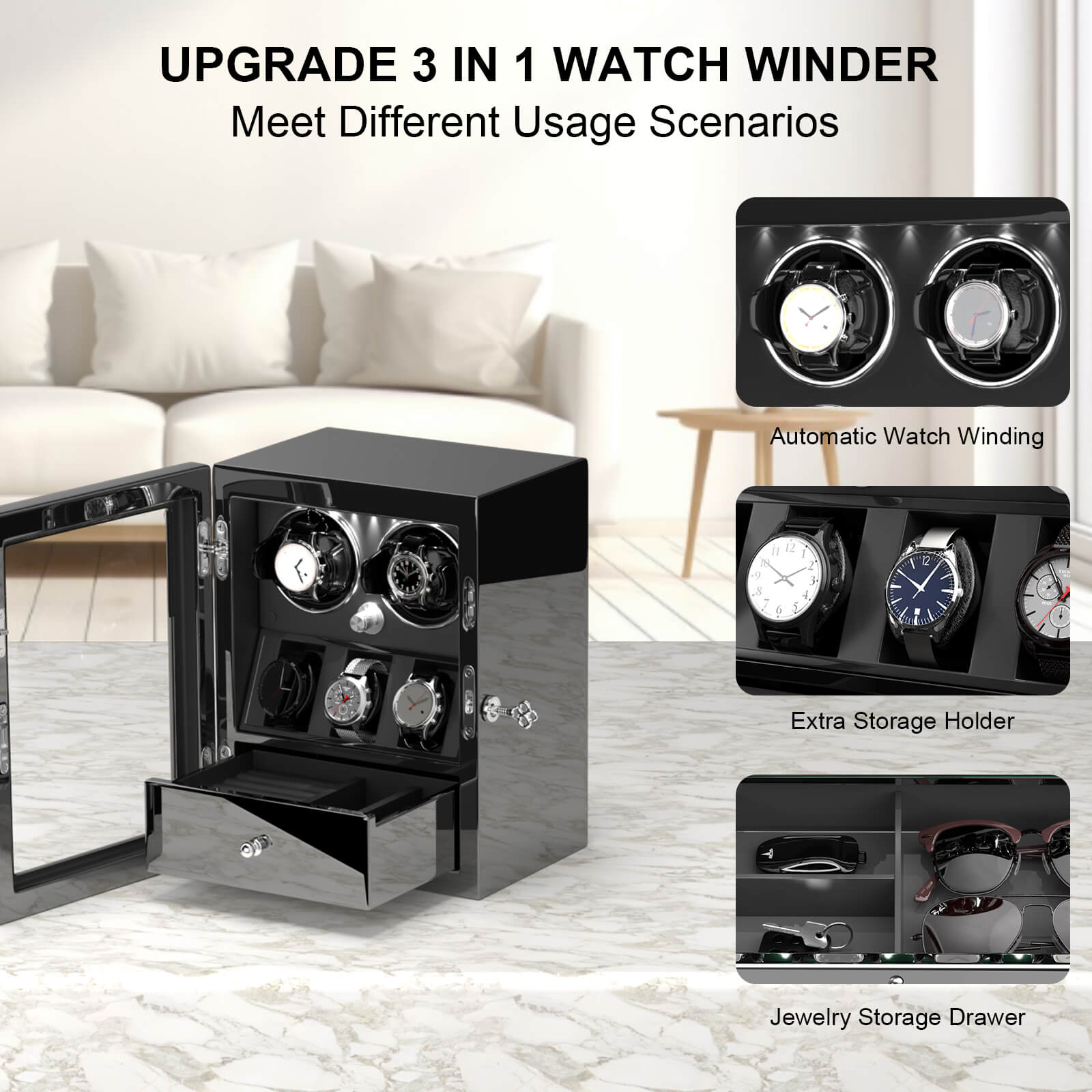 Compact 2 Watch Winders with 3 Watches Organizer Storage- Black