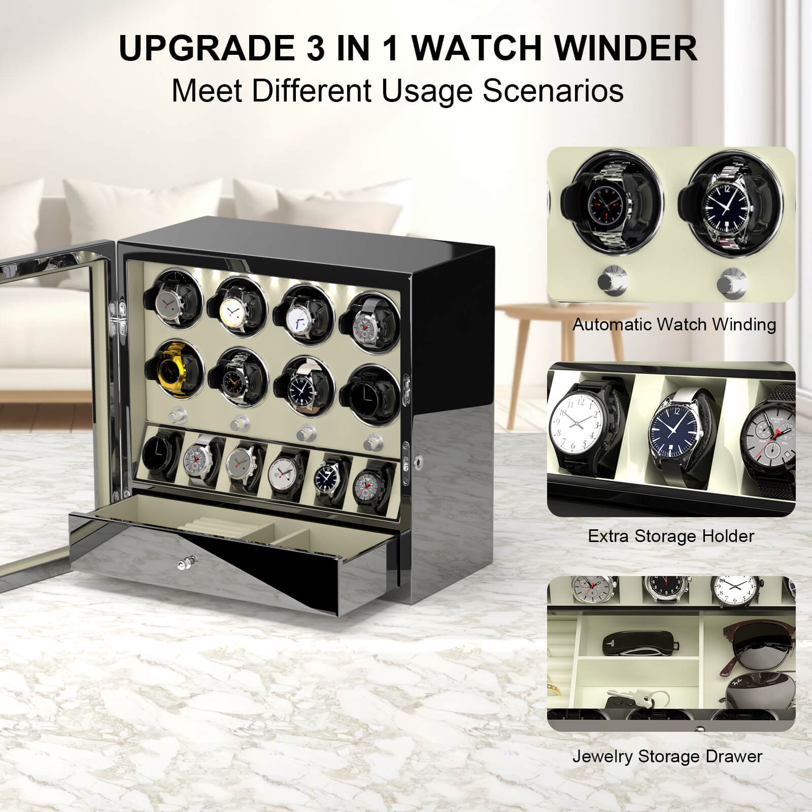 Compact 8 Watch Winders with 6 Watches Large Storage Space Quiet Mabuchi Motor - Off-white