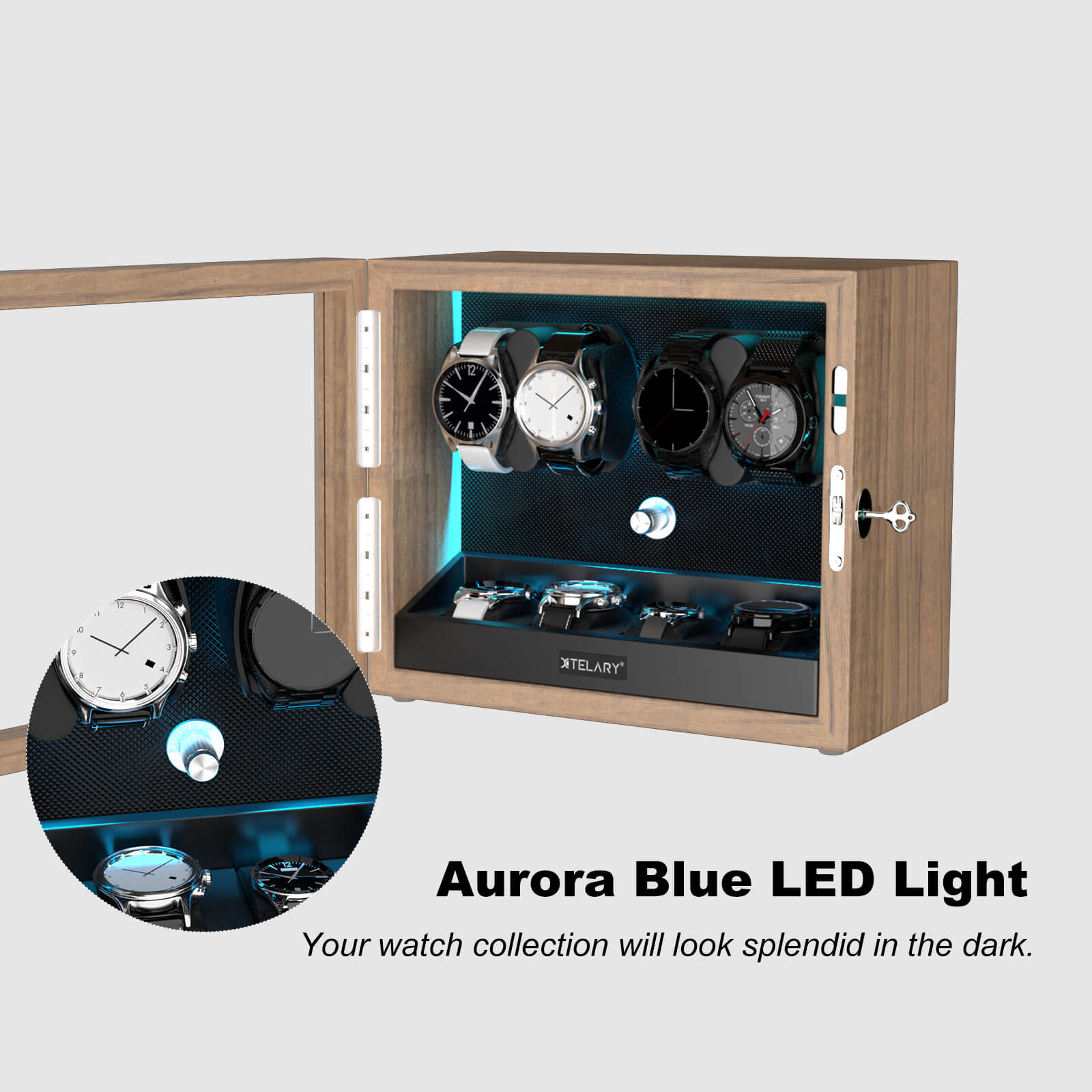 4 Watch Winders for Automatic Watches with 4 Extra Storage Aurora Blue LED Light - Grain